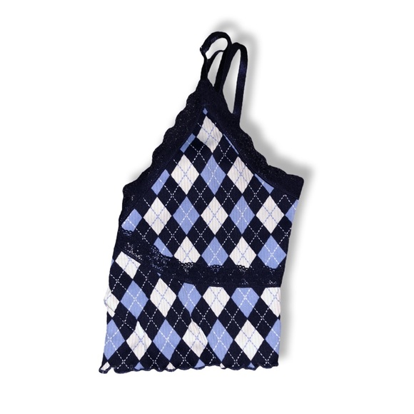 Divided by H&M Ribbed Blue Argyle Lettuce Hem Lace Trim V-Neck Cami Crop Top Y2K - Picture 3 of 7